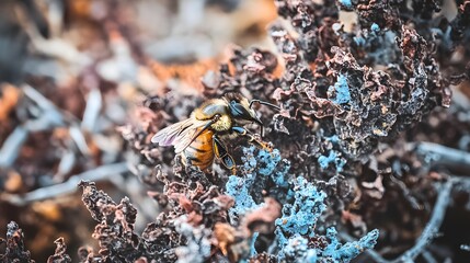Closeup Bee on Blue and Brown Lichen Macro Photography