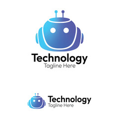 Fototapeta premium Gradient blue cute robot vector logo design concept, a modern symbol for AI, technology, software, and digital solutions