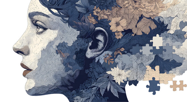 Human head profile and jigsaw puzzle, cognitive psychology or psychotherapy concept, mental health, brain problem, personality disorder, vector line design,