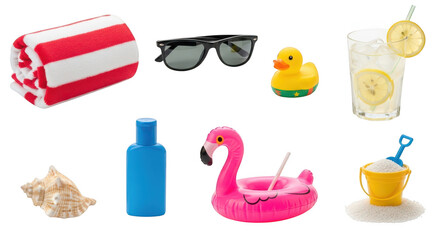 Photo of summer beach essentials including a towel, sunglasses, drink, and toys, on white