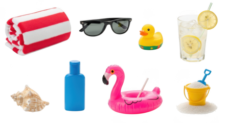 Photo of summer beach essentials including a towel, sunglasses, drink, and toys, on white