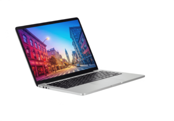 Hovering laptop with gameplay on screen isolated on white background PNG. Floating gaming laptop, digital entertainment, video game illustration, tech device showcase, and modern electronics design