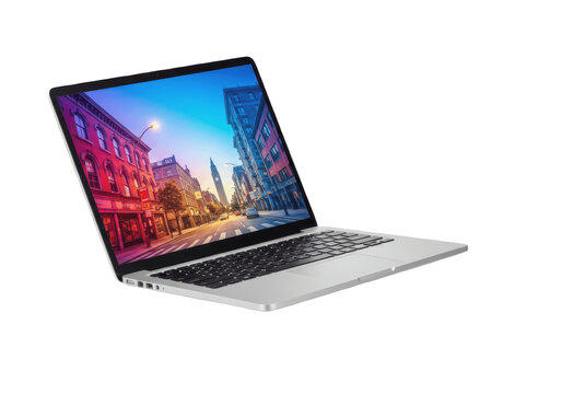 Hovering laptop with gameplay on screen isolated on white background PNG. Floating gaming laptop, digital entertainment, video game illustration, tech device showcase, and modern electronics design