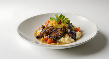 Gourmet Braised Meat Entree with Creamy Mash, Diced Tomatoes, and Fresh Herbs on White Plate, Fine Dining Presentation