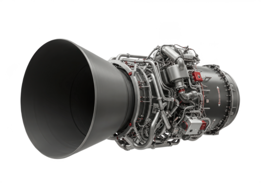 Modern rocket engine isolated on white background PNG. Advanced space propulsion motor cutout, futuristic aerospace technology, jet propulsion system for spacecraft, satellite, and astronautics