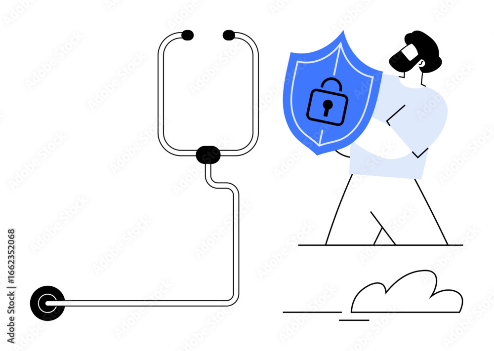 Poster man holding a shield with a lock icon, protecting against a simplified data flow conduit. ideal for 