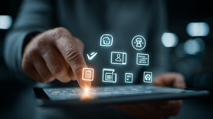 Futuristic Digital Interface with Finger Touching Virtual Icons