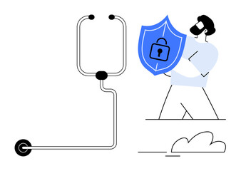 Man holding a shield with a lock icon, protecting against a simplified data flow conduit. Ideal for cybersecurity, data privacy, personal security, internet safety, online protection, digital safety