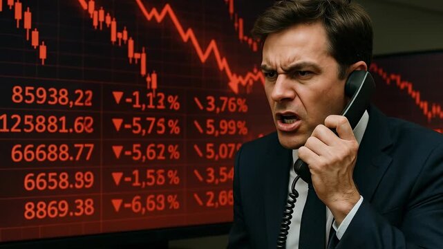 Financial Meltdown: Aggravated businessman on phone, reacting to a dramatic stock market crash and falling numbers displayed on a large red data sc...