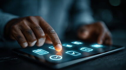 Futuristic Digital Interface with Finger Touching Virtual Icons