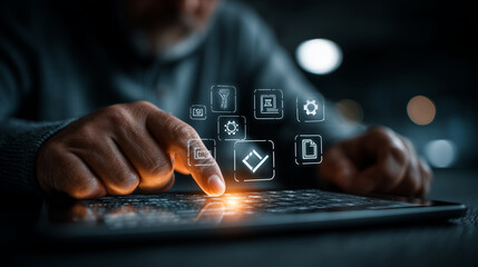 Futuristic Digital Interface with Finger Touching Virtual Icons