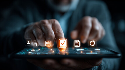 Futuristic Digital Interface with Finger Touching Virtual Icons