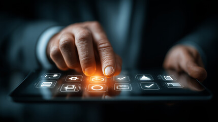 Futuristic Digital Interface with Finger Touching Virtual Icons