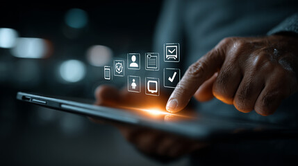 Futuristic Digital Interface with Finger Touching Virtual Icons