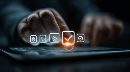 Futuristic Digital Interface with Finger Touching Virtual Icons