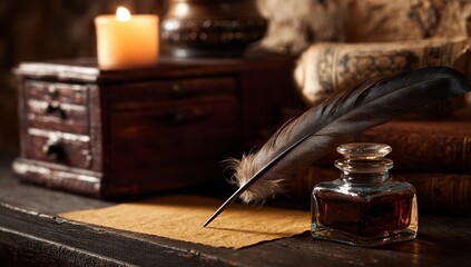 Feather quill and inkwell on old paper with candlelight on vintage writing desk and dark wood chest, beige parchment background