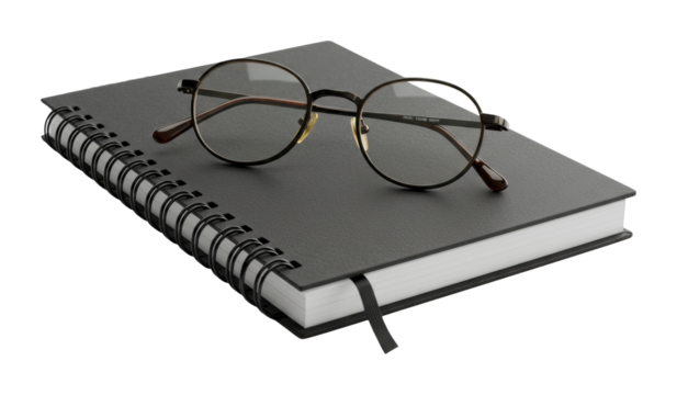 Creative workspace essentials black notebook with glasses for productive mindset minimalist professional setting. Cut out PNG