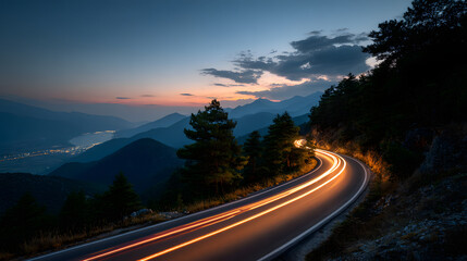 Motion blur from cars driving on a winding scenic road at twilight