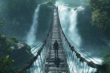 Fototapeta premium A lone figure journeys across a precarious rope bridge, a misty waterfall cascading dramatically in a lush, vibrant jungle; moody atmospheric lighting.