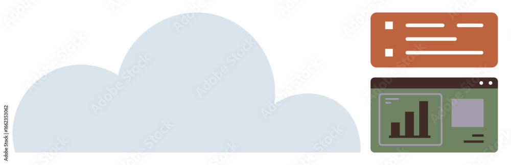 Poster cloud shape beside a data chart and text elements on a dashboard. ideal for technology, data storage