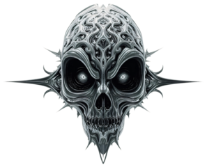 Ornate skull design, dark background, digital art, graphic design