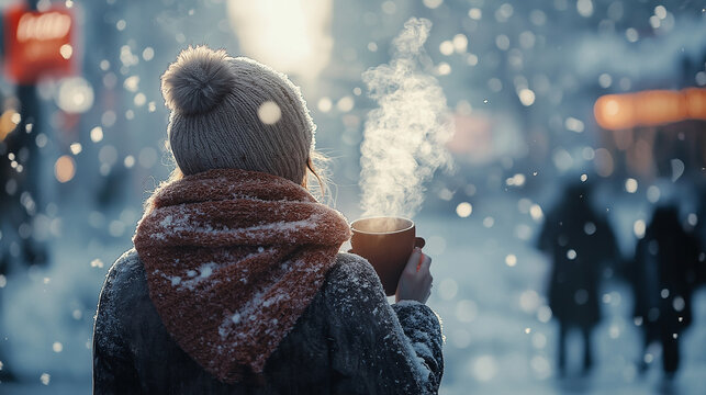 Finding warmth on a snowy winter day, a woman bundled in a cozy scarf and hat sips a steaming mug, snowflakes dancing around her in a magical winter scene.