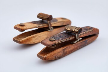Two Vintage Wooden Netting Shuttle Tools with Metal Accents on White Backdrop