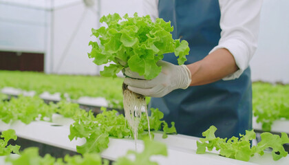 Person harvesting fresh green lettuce hydroponic farm, showing healthy leafy vegetables growing controlled environment, with focus sustainable farming practices and modern agriculture technology