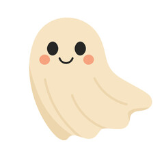 Smiling cartoon ghost character illustration in flat doodle vector style for Halloween design.