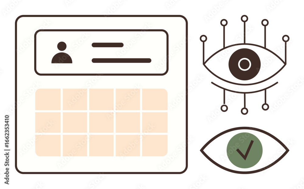 Aufkleber user profile card with data grid, tech-enhanced eye for biometric monitoring, eye icon with checkmar