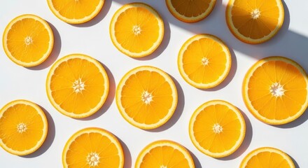 Orange slices arranged on white background