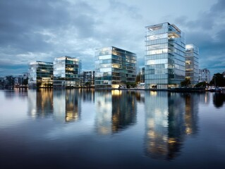 Obraz premium Modern Corporate Office Buildings with Glass Facades Reflecting in Water at Twilight