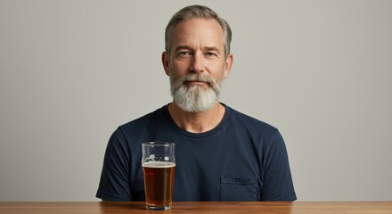 Mature Man with Gray Beard Sitting at Table with a Glass of Beer, Enjoying a Relaxed Moment Indoors, Beverage and Lifestyle Concept