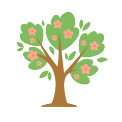 Obraz premium Beautiful blooming sakura tree illustration with green leaves and pink flowers isolated.