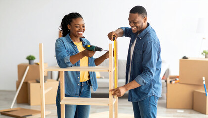 Young couple assembling furniture together in bright living room, smiling and enjoying DIY project, surrounded by moving boxes and tools, creating warm and collaborative atmosphere