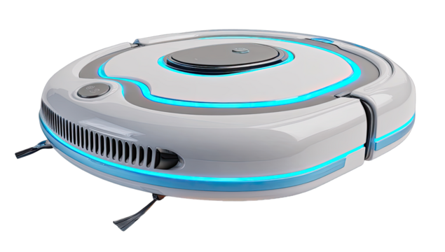 Futuristic, white robotic vacuum cleaner with blue accents