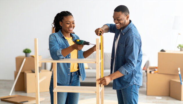 Young couple assembling furniture together in bright living room, smiling and enjoying DIY project, surrounded by moving boxes and tools, creating warm and collaborative atmosphere