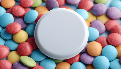 Blank white round sticker mockup on birthday or baby shower party favor bag with colorful candies, top view, close-up, dramatic atmosphere. White tone