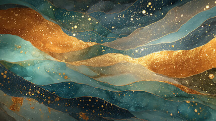 Abstract Teal and Gold Watercolor Waves Background