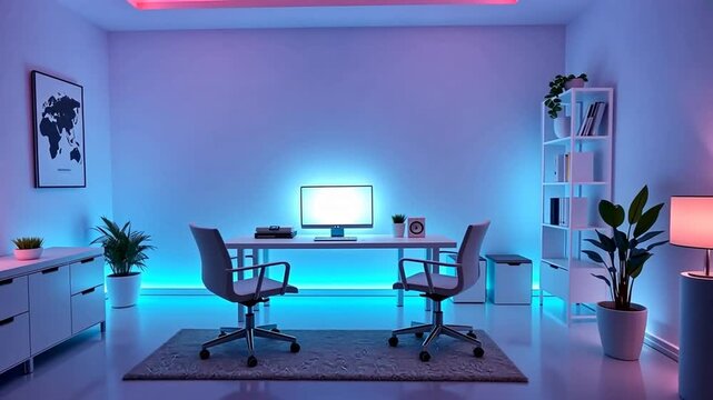 Modern Home Office with Pink and Blue LED Lighting