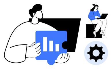 Person holding data puzzle piece, woman working on laptop, gear icon. Ideal for business strategies, teamwork, data analysis, problem-solving, productivity, goal planning simple flat metaphor