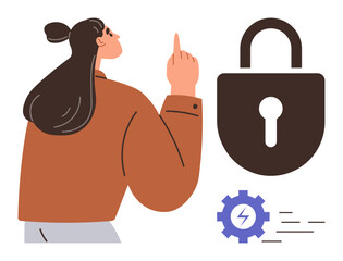 Woman pointing at a large lock with a keyhole alongside a gear with a lightning bolt, representing security, privacy, protection, innovation, optimization, digital safety, and simplicity. Ideal