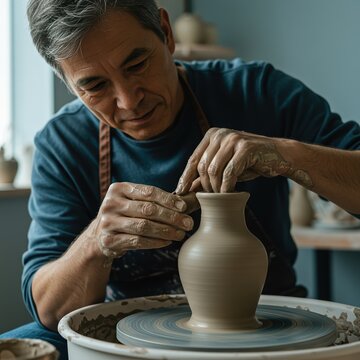 Experienced male potter crafting clay vase on pottery wheel in workshop, hands shaping wet ceramic for handmade pottery art