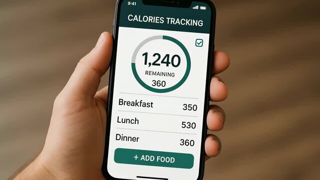 Hand Holding Smartphone Displaying Calorie Tracking App with Daily Food Intake and Remaining Calories for Health and Diet Management