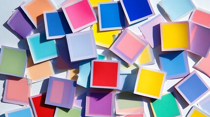 Vivid Abstract Scattered Colorful Squares with Soft Shadows Creating a Modern Mosaic on White