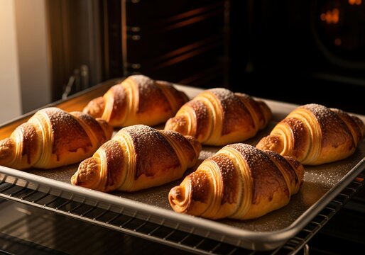 aked Croissants On Metal Tray Inside Oven With Crispy Golden Layers And Powdered Sugar Dusting, bakery pastry, French breakfast food concept