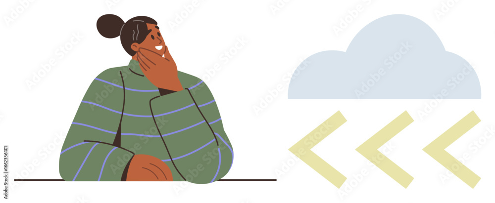 Poster thoughtful person at desk glancing at cloud with yellow arrows, representing ideas, technology, clou