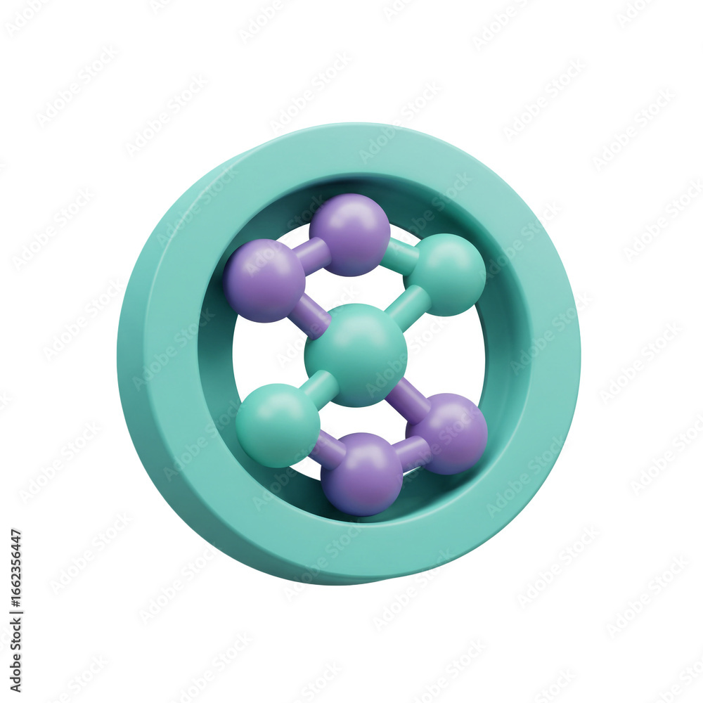 Poster illustrative 3d rendering of molecular structure depicted within a circular frame design