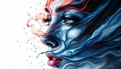 Human face icon formed from flowing ink rivers, abstract portrait symbolizing emotion