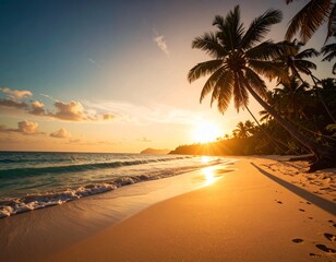 Scenic view of tropical beach with turquoise water, palm trees, and golden sunlight.